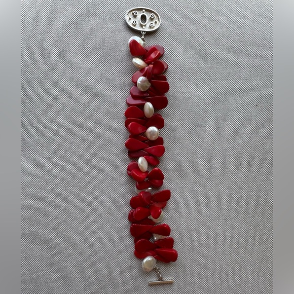 Artisan signed Sterling Silver Red Coral & Pearl bracelet Oversized Toggle Clasp - Picture 12 of 13